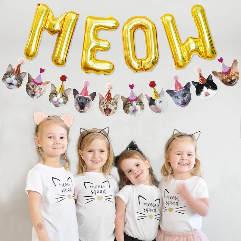 Bessmoso Funny Cat Party Garland Meow Letter Balloons Cats Faces with Party Hats Banner Kitten Bunting Photo Props for Cat Theme Birthday Party Pet Adoption Party Supplies - Image 3